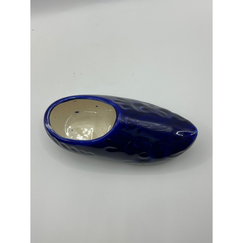 Vintage Cobalt Blue Ceramic Dutch Clog Figurine, planter Embossed Floral Shoe
